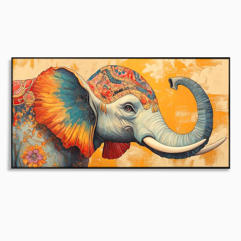 Tablou canvas cu tablou canvas cu elefant decorat in stil oriental, in rama de aluminiu negru
