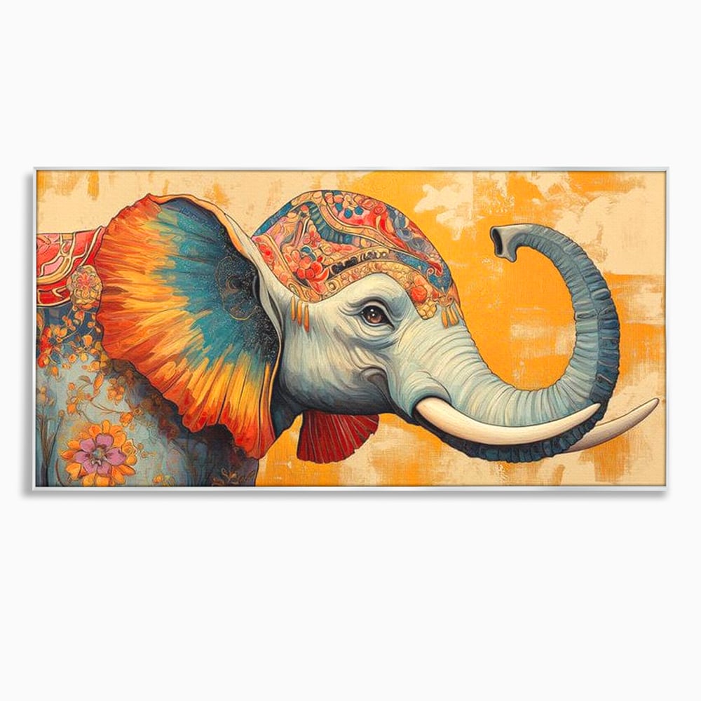 Tablou canvas cu tablou canvas cu elefant decorat in stil oriental, in rama de aluminiu argintiu