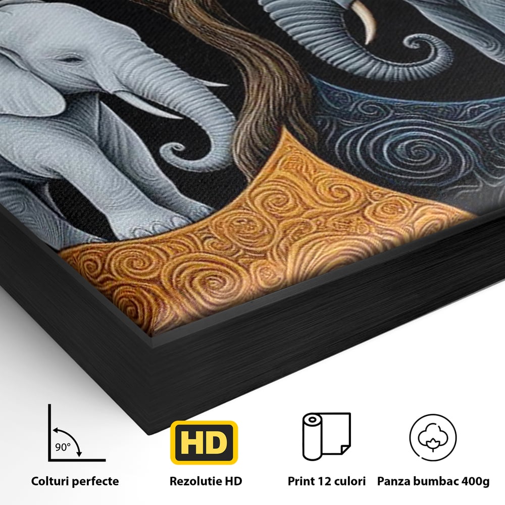 Detaliu al suprafetei: tablou canvas cu elefanti si yin si yang, in rama de aluminiu negru