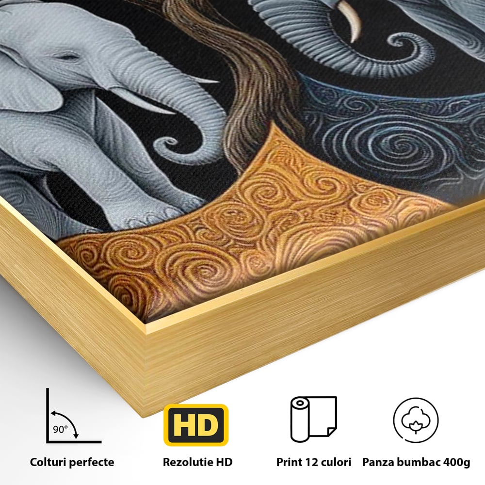 Detaliu al suprafetei: tablou canvas cu elefanti si yin si yang, in rama de aluminiu auriu