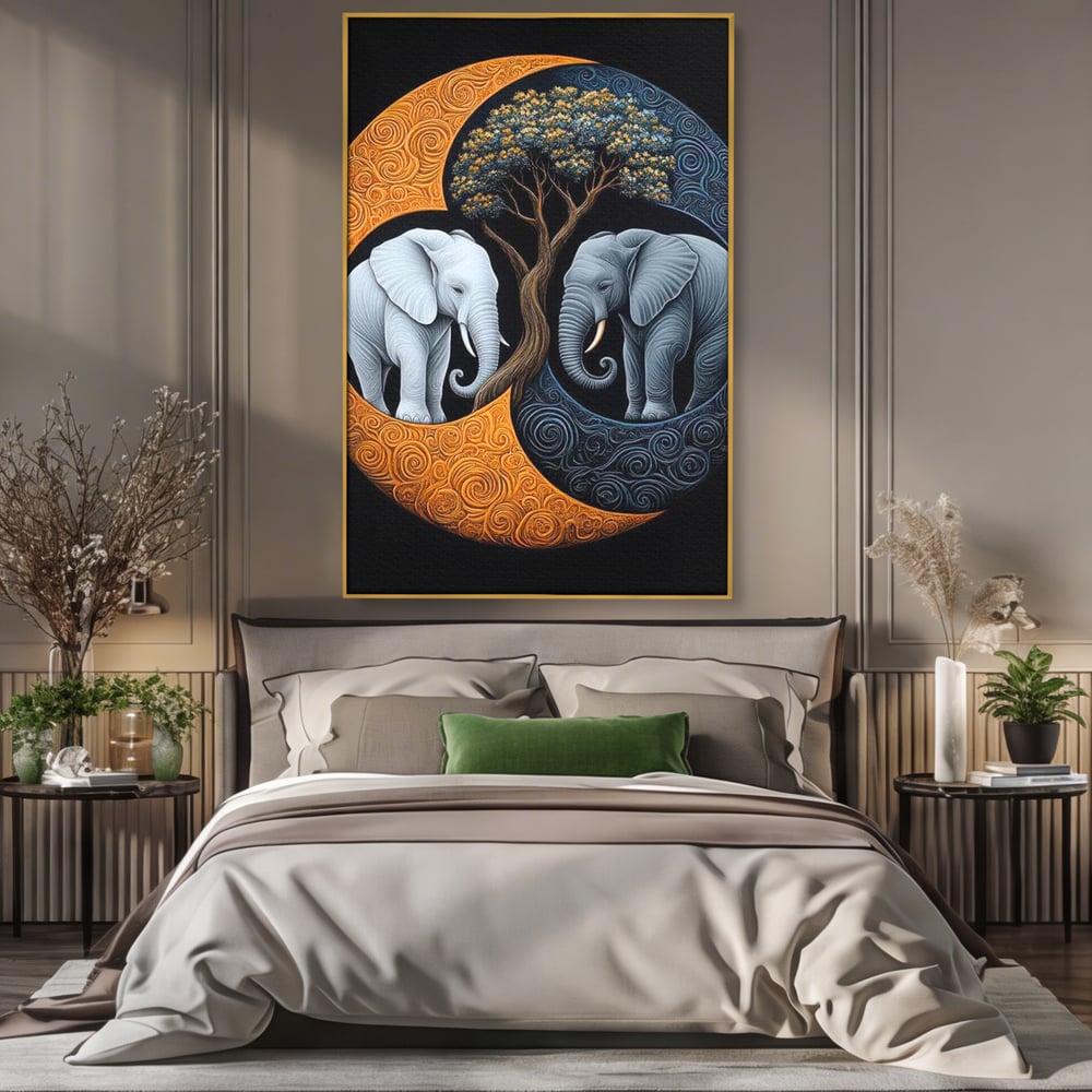 Tablou canvas cu tablou canvas cu elefanti si yin si yang, in rama de aluminiu auriu, pe perete intr-un dormitor