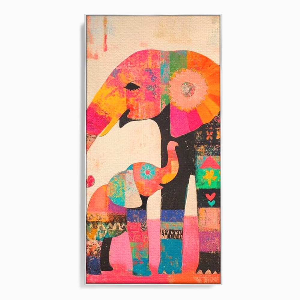 Tablou canvas cu tablou pictura cu elefanti colorati, in rama de aluminiu argintiu