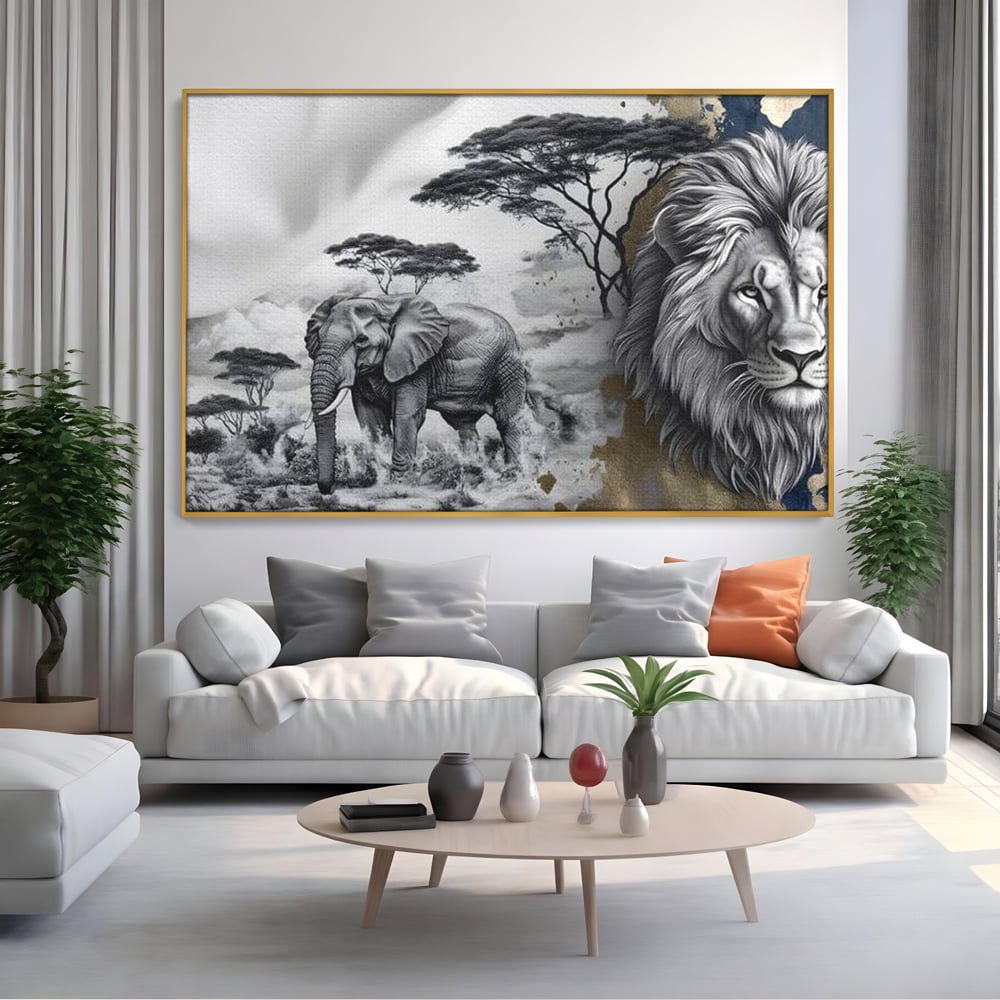 Tablou canvas cu tablou canvas cu leu si elefant, in rama de aluminiu auriu, pe perete intr-un living