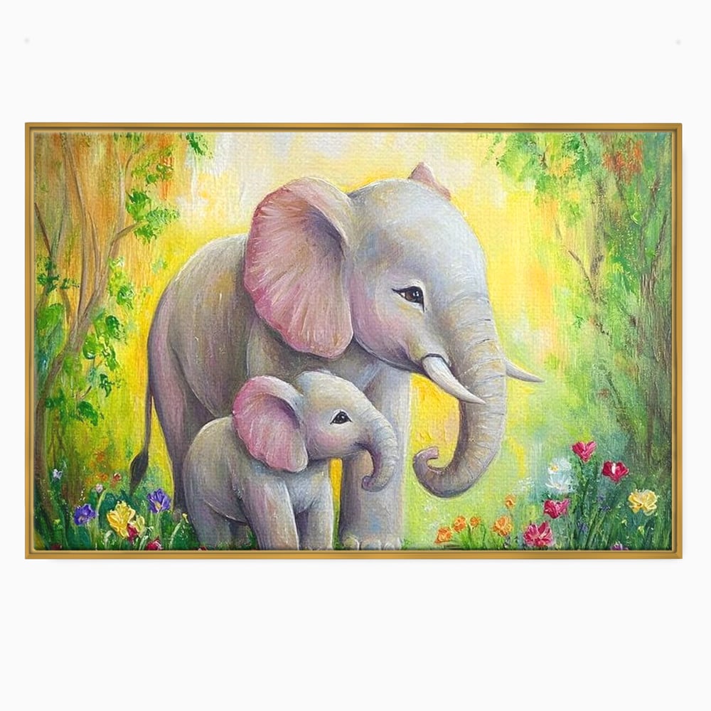 Tablou canvas cu pictura cu doi elefanti intr-o gradina, in rama de aluminiu auriu