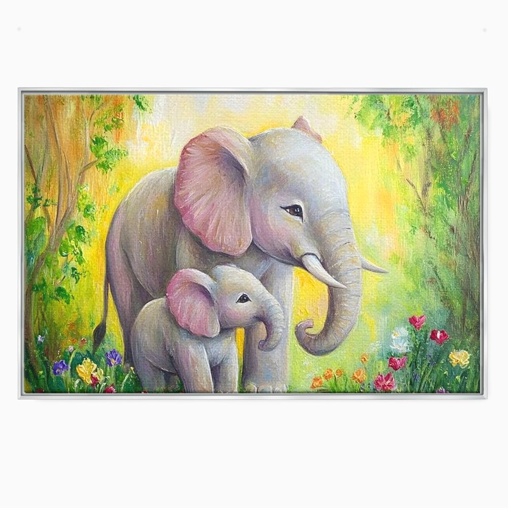 Tablou canvas cu pictura cu doi elefanti intr-o gradina, in rama de aluminiu argintiu
