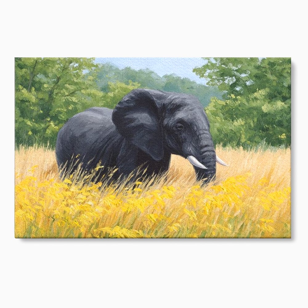 Tablou canvas cu pictura cu elefant pe pajiste, fara rama, pe sasiu de lemn