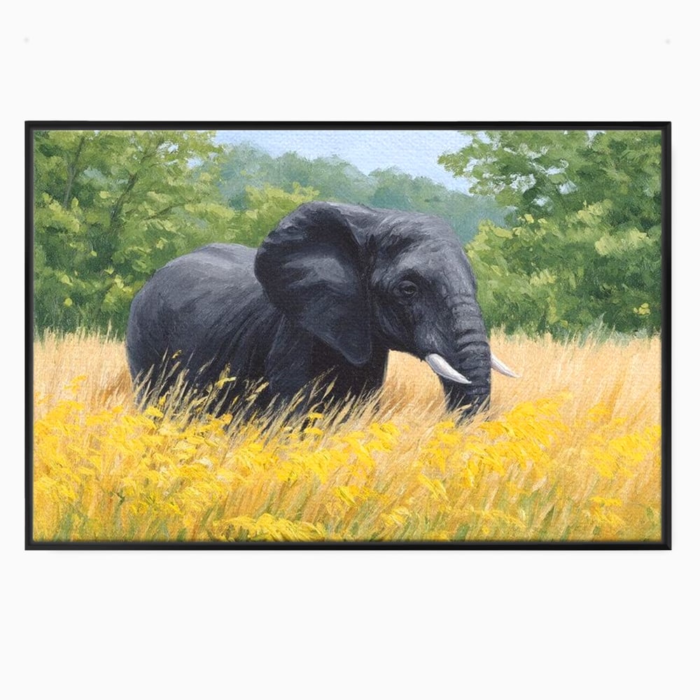 Tablou canvas cu pictura cu elefant pe pajiste, in rama de aluminiu negru
