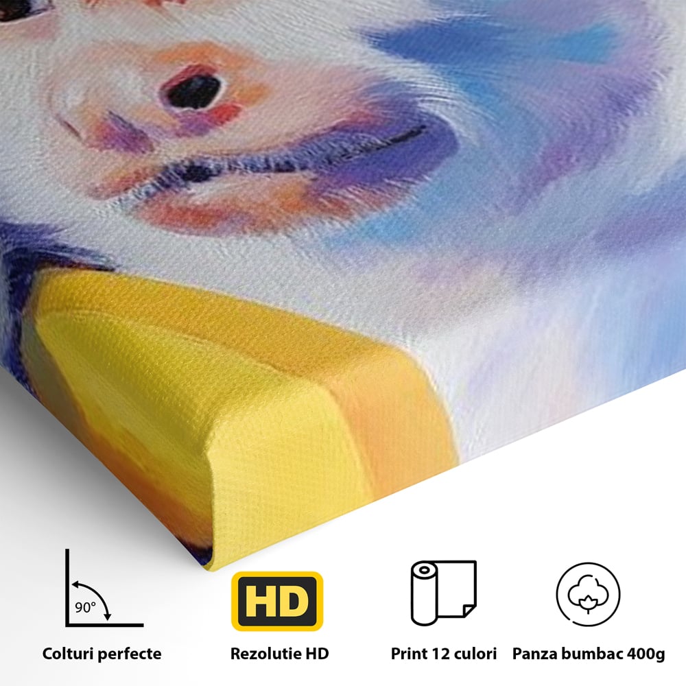 Detaliu al suprafetei: tablou canvas cu maimuta pop art si banana, fara rama, pe sasiu de lemn