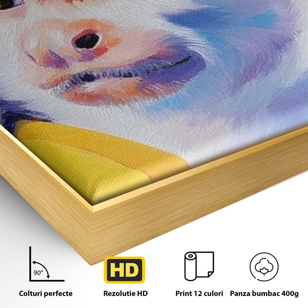 Detaliu al suprafetei: tablou canvas cu maimuta pop art si banana, in rama de aluminiu auriu