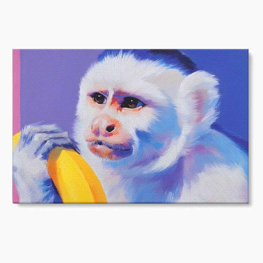 Tablou canvas cu tablou canvas cu maimuta pop art si banana, fara rama, pe sasiu de lemn