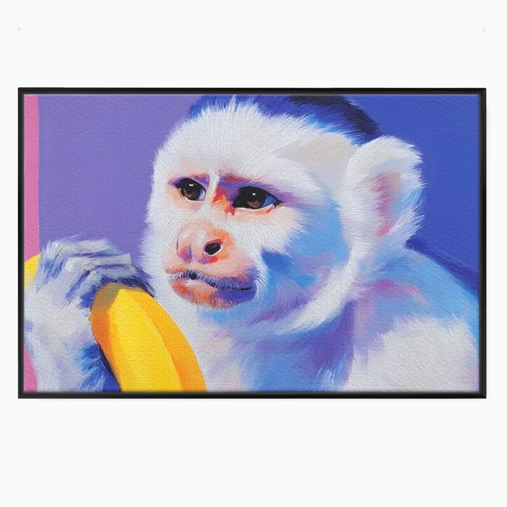 Tablou canvas cu tablou canvas cu maimuta pop art si banana, in rama de aluminiu negru