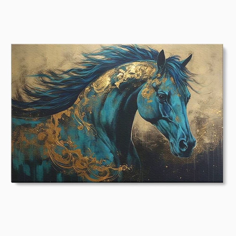 Tablou canvas cu tablou canvas cu cal albastru si auriu, fara rama, pe sasiu de lemn