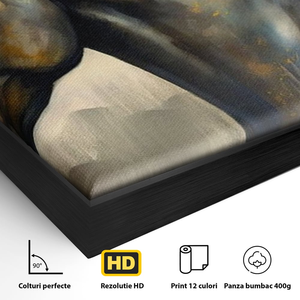 Detaliu al suprafetei: tablou canvas cu un cal negru, in rama de aluminiu negru
