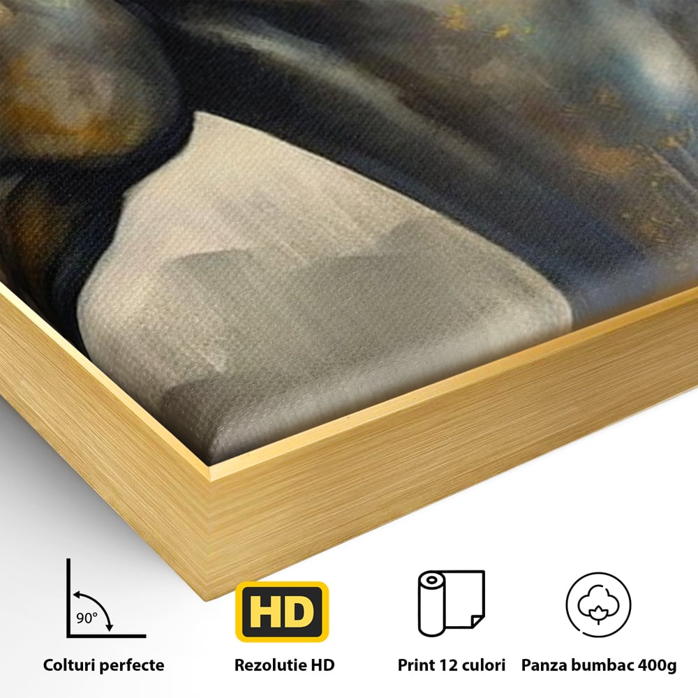 Detaliu al suprafetei: tablou canvas cu un cal negru, in rama de aluminiu auriu