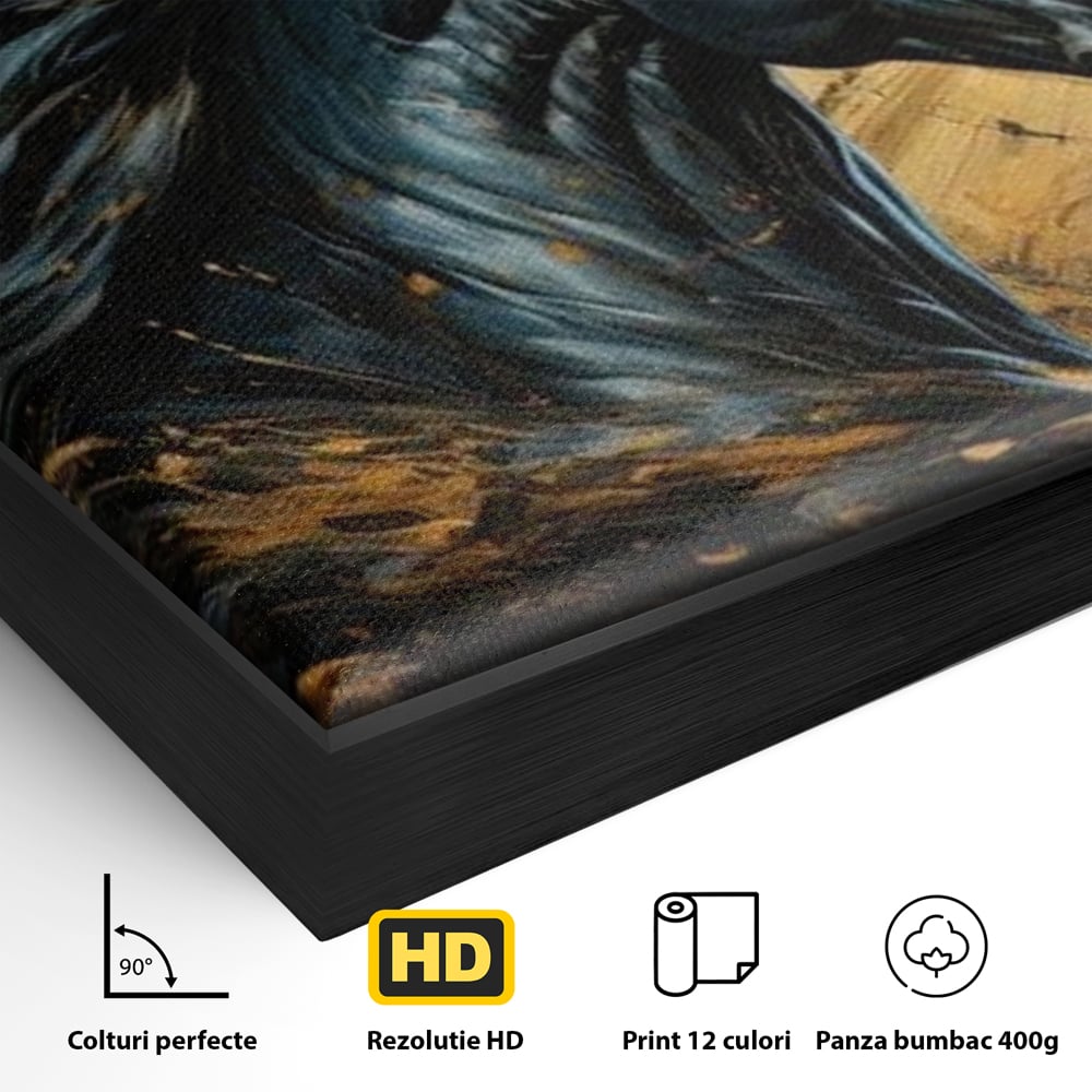 Detaliu al suprafetei: tablou canvas cu un cal negru si coama in vant, in rama de aluminiu negru
