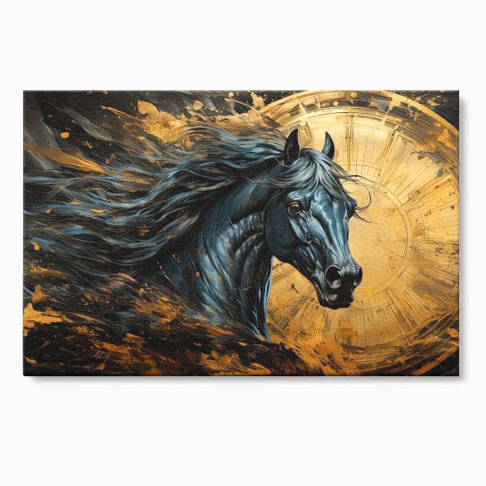 Tablou canvas cu tablou canvas cu un cal negru si coama in vant, fara rama, pe sasiu de lemn
