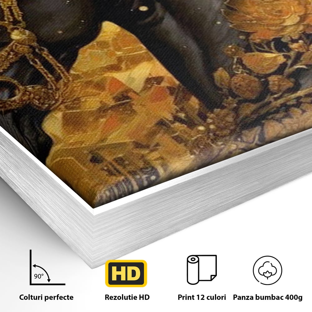 Detaliu al suprafetei: tablou canvas cu armasar negru si ornamente aurii, in rama de aluminiu argintiu