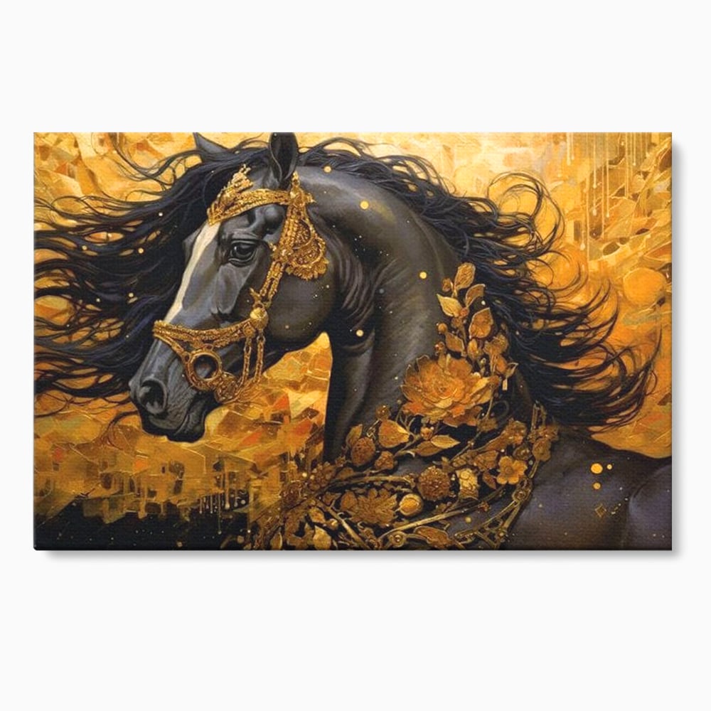 Tablou canvas cu tablou canvas cu armasar negru si ornamente aurii, fara rama, pe sasiu de lemn