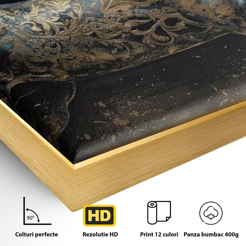 Detaliu al suprafetei: tablou canvas cu armasar in galop, in rama de aluminiu auriu
