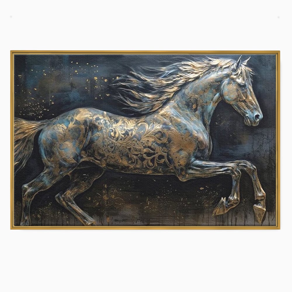 Tablou canvas cu tablou canvas cu armasar in galop, in rama de aluminiu auriu