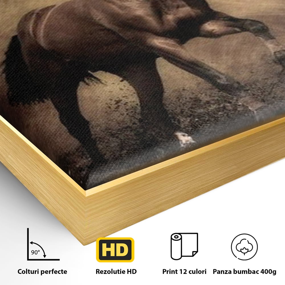 Detaliu al suprafetei: tablou canvas cu cal maro in galop, in rama de aluminiu auriu