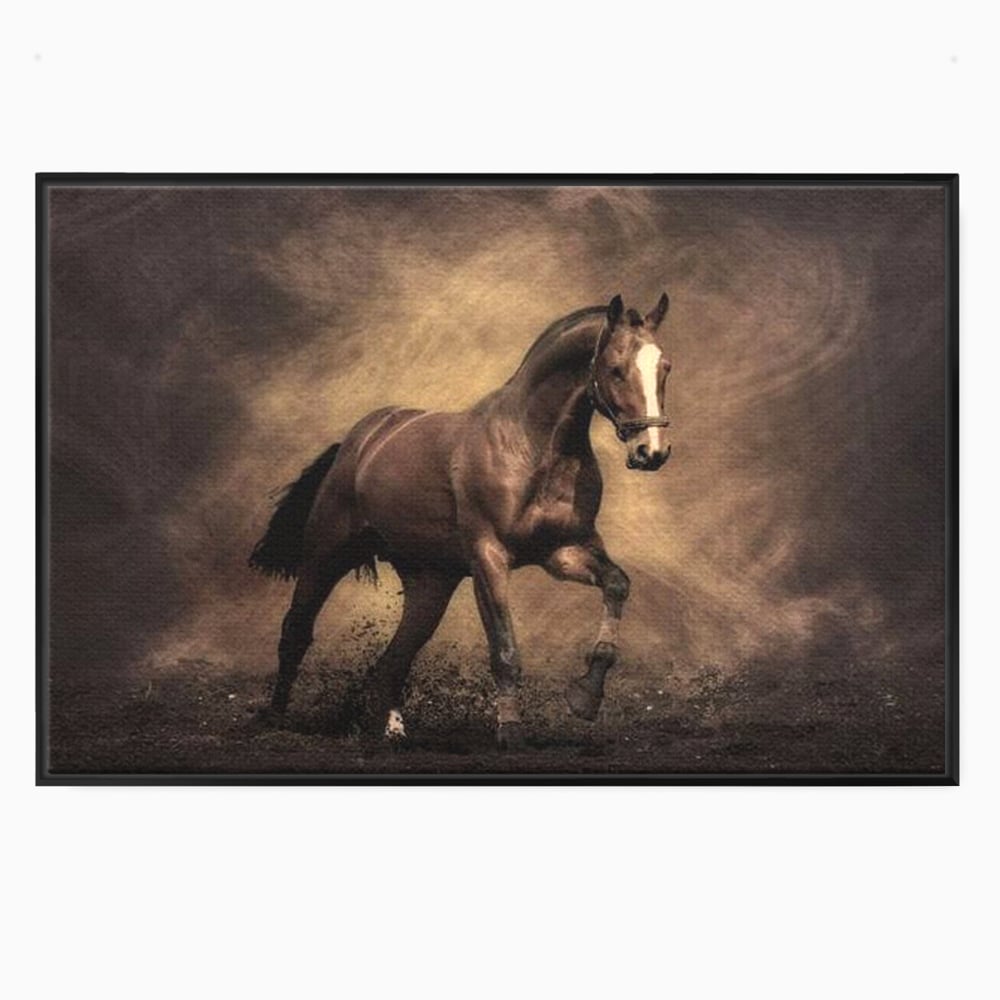 Tablou canvas cu tablou canvas cu cal maro in galop, in rama de aluminiu negru
