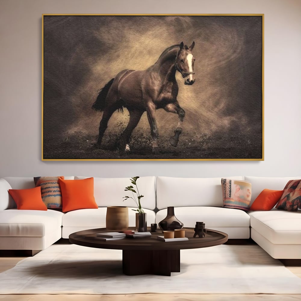 Tablou canvas cu tablou canvas cu cal maro in galop, in rama de aluminiu auriu, pe perete intr-un living