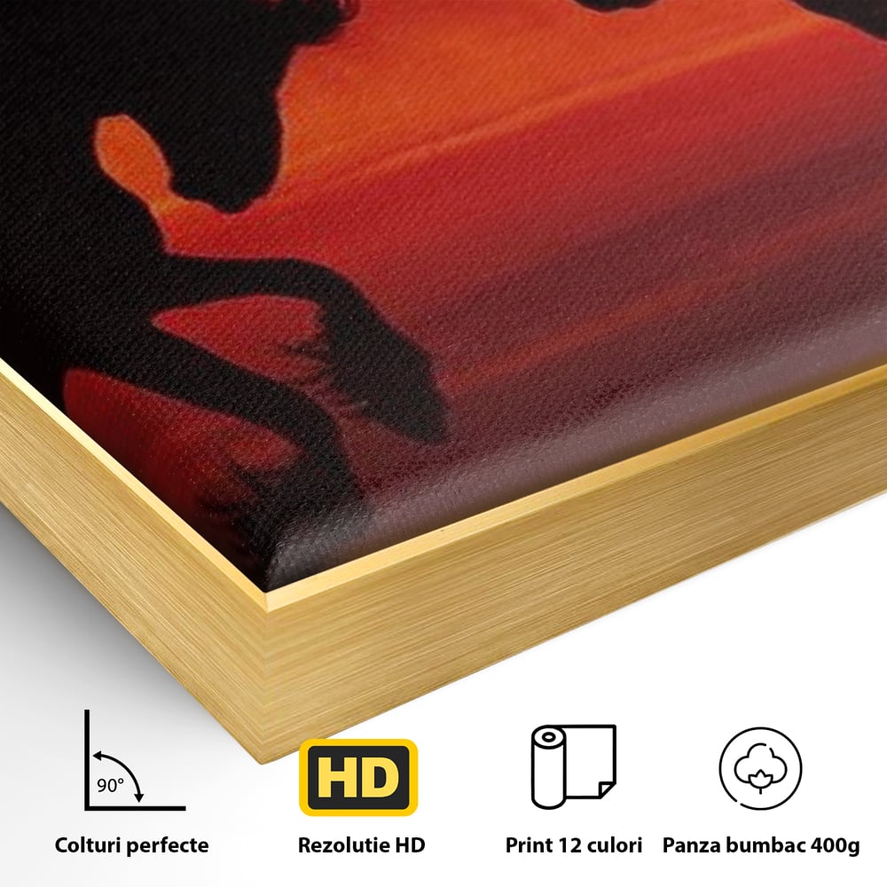 Detaliu al suprafetei: tablou canvas cu siluete de cai in apus, in rama de aluminiu auriu