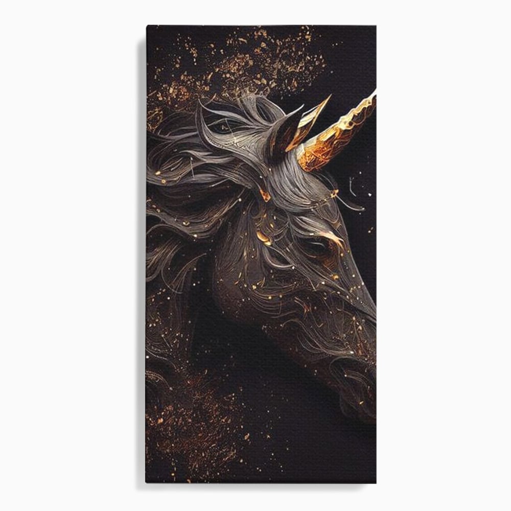 Tablou canvas cu portret de unicorn negru cu detalii aurii, fara rama, pe sasiu de lemn