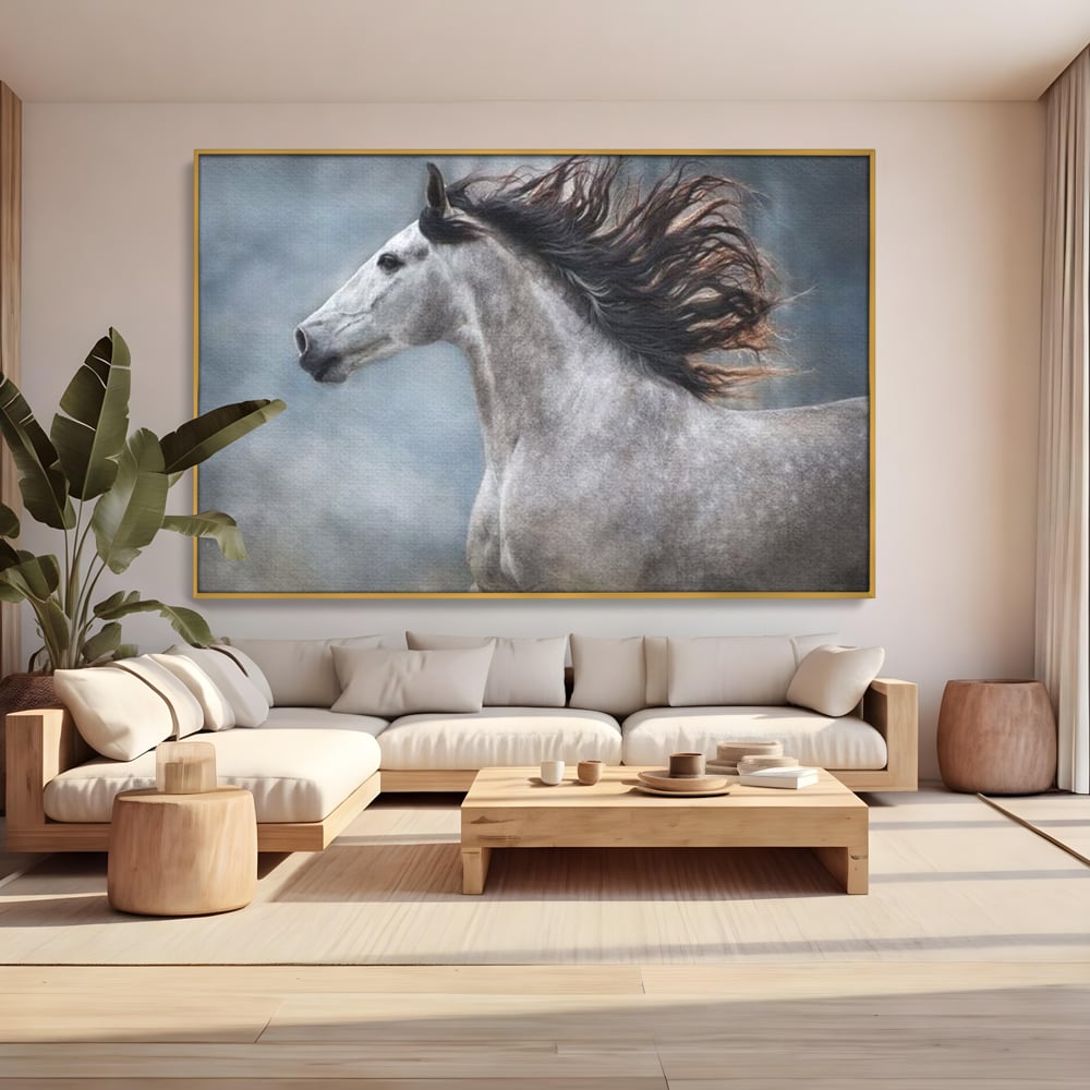 Tablou canvas cu tablou canvas cu armasar in miscare, in rama de aluminiu auriu, pe perete intr-un living