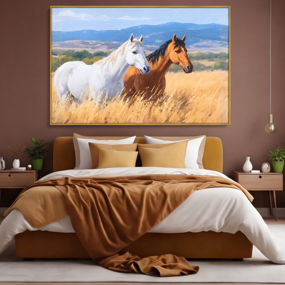 Tablou canvas cu tablou canvas cu doi cai in lan, in rama de aluminiu auriu, pe perete intr-un dormitor