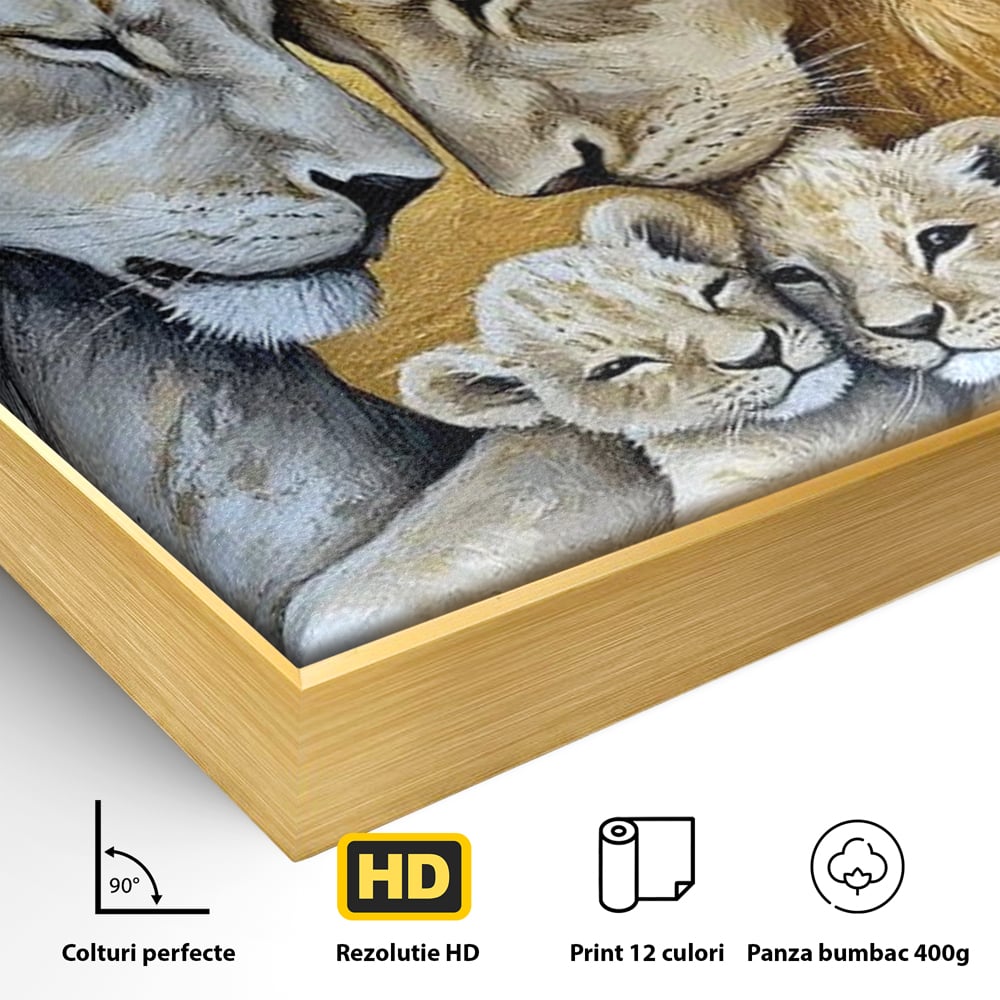 Detaliu al suprafetei: tablou canvas cu familie de lei pictata, in rama de aluminiu auriu