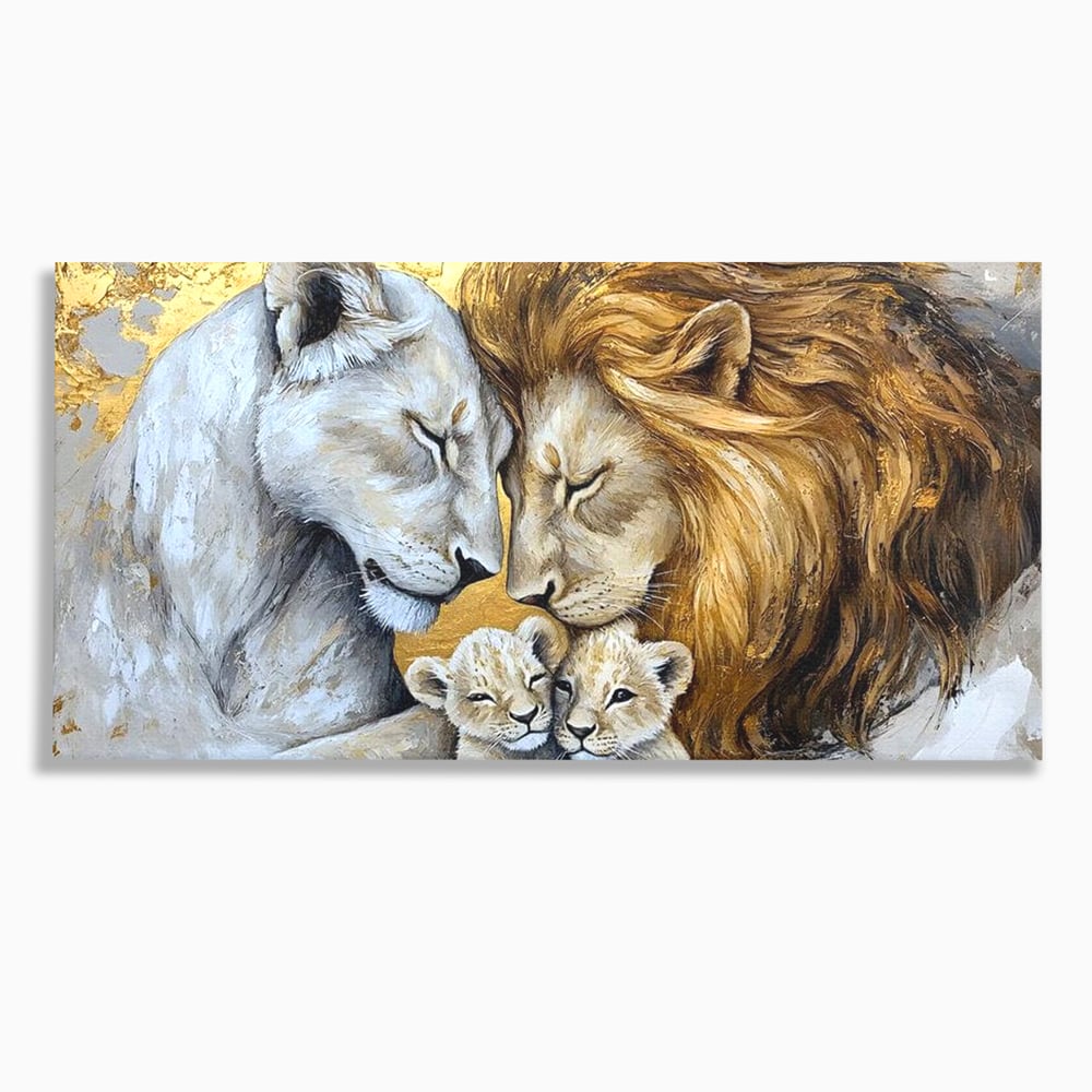 Tablou canvas cu tablou canvas cu familie de lei pictata, fara rama, pe sasiu de lemn