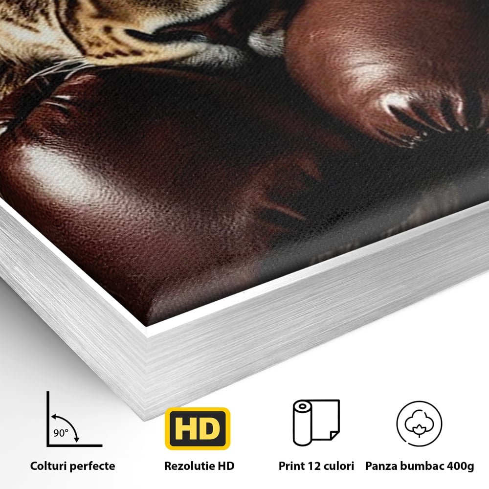 Detaliu al suprafetei: tablou canvas cu leu si manusi de box, in rama de aluminiu argintiu