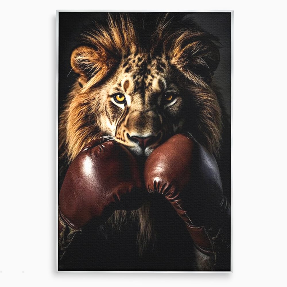 Tablou canvas cu tablou canvas cu leu si manusi de box, in rama de aluminiu argintiu