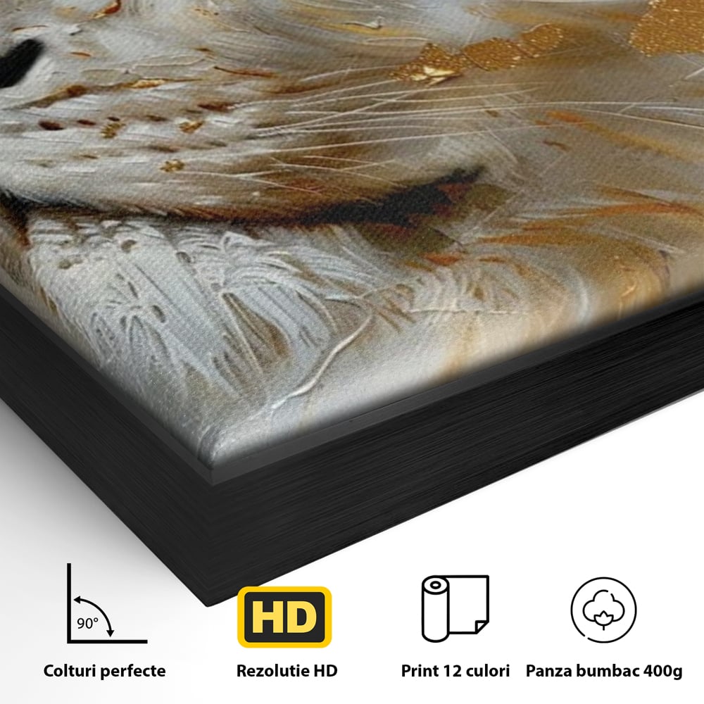Detaliu al suprafetei: pictura cu profil de leu alb si auriu, in rama de aluminiu negru