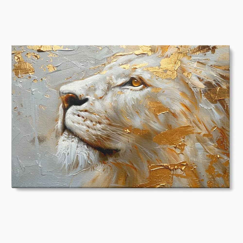 Tablou canvas cu pictura cu profil de leu alb si auriu, fara rama, pe sasiu de lemn