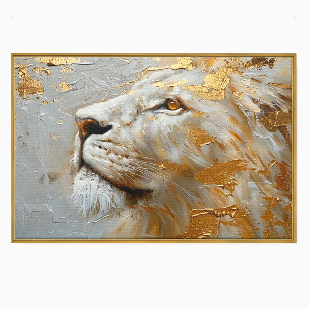 Tablou canvas cu pictura cu profil de leu alb si auriu, in rama de aluminiu auriu