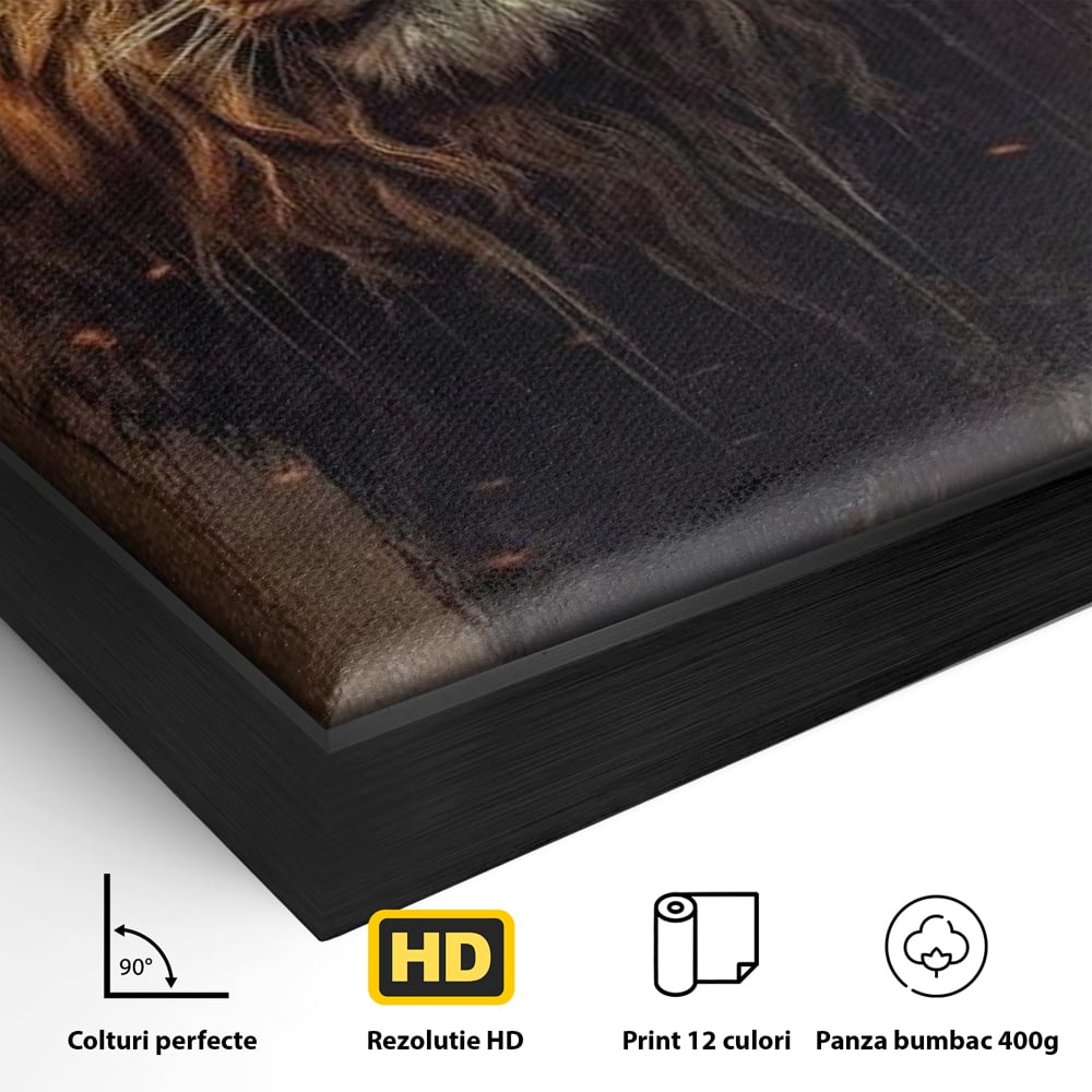Detaliu al suprafetei: tablou canvas cu portret de leu, in rama de aluminiu negru