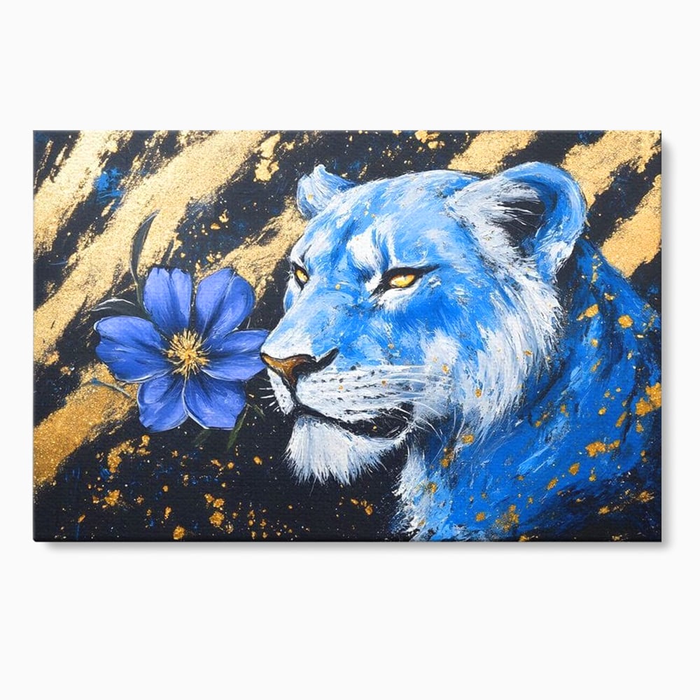 Tablou canvas cu tablou canvas cu leoaica albastra si floare, fara rama, pe sasiu de lemn