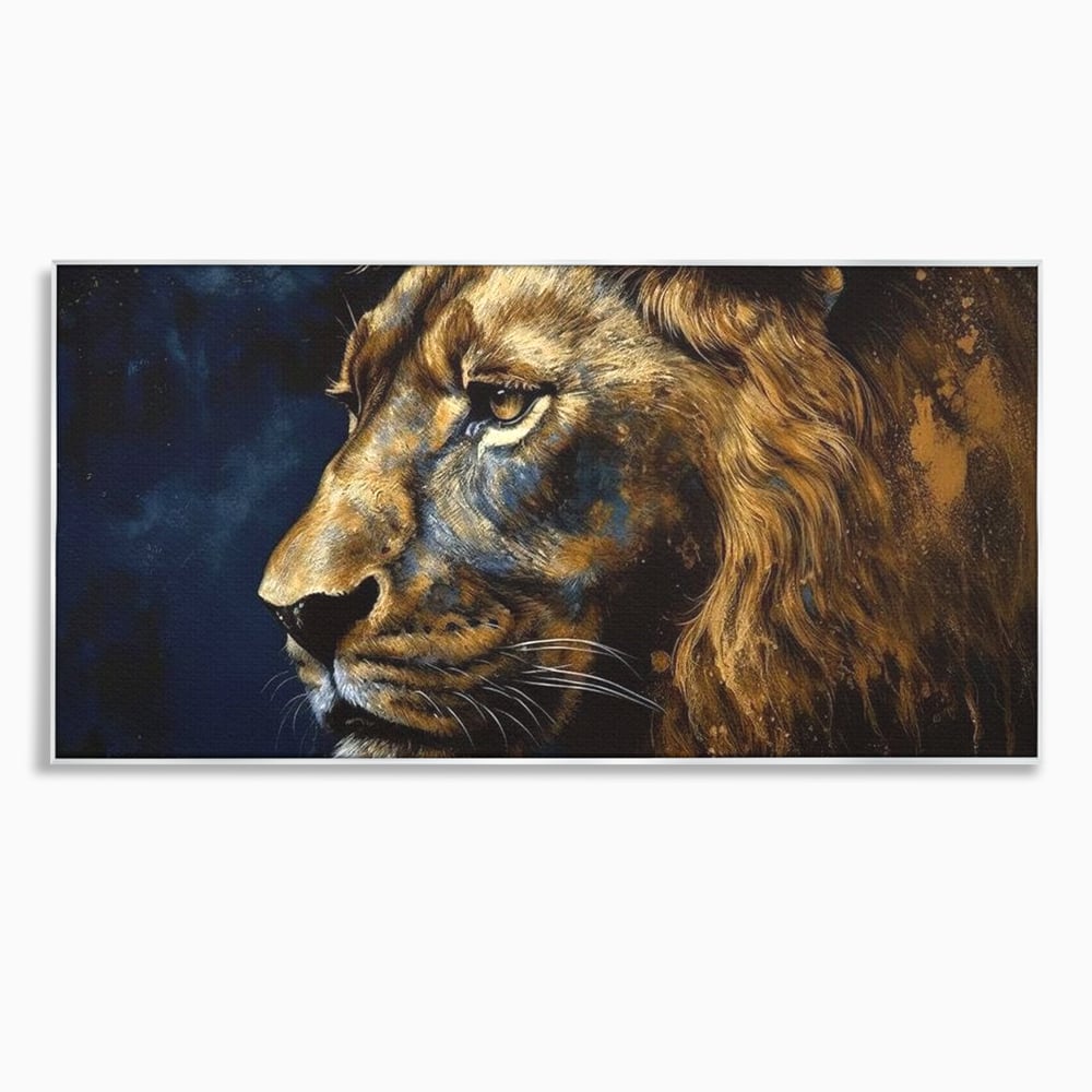 Tablou canvas cu tablou canvas cu leu in profil, in rama de aluminiu argintiu