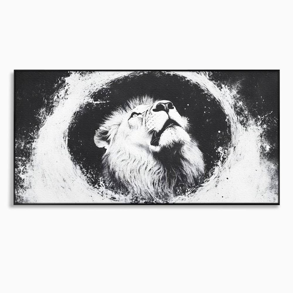 Tablou canvas cu tablou canvas cu leu alb si negru, in rama de aluminiu negru