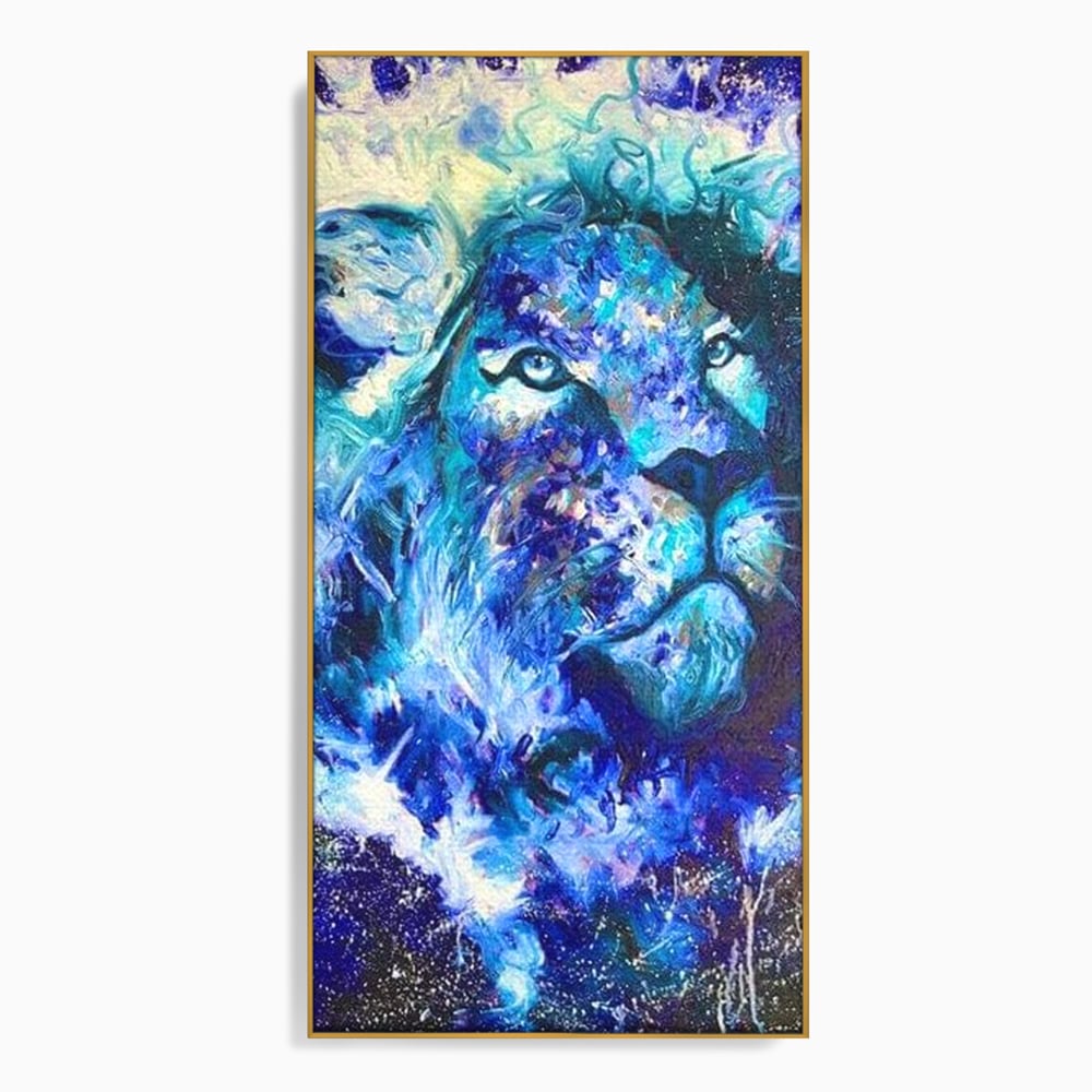 Tablou canvas cu tablou canvas cu leu albastru cosmic, in rama de aluminiu auriu