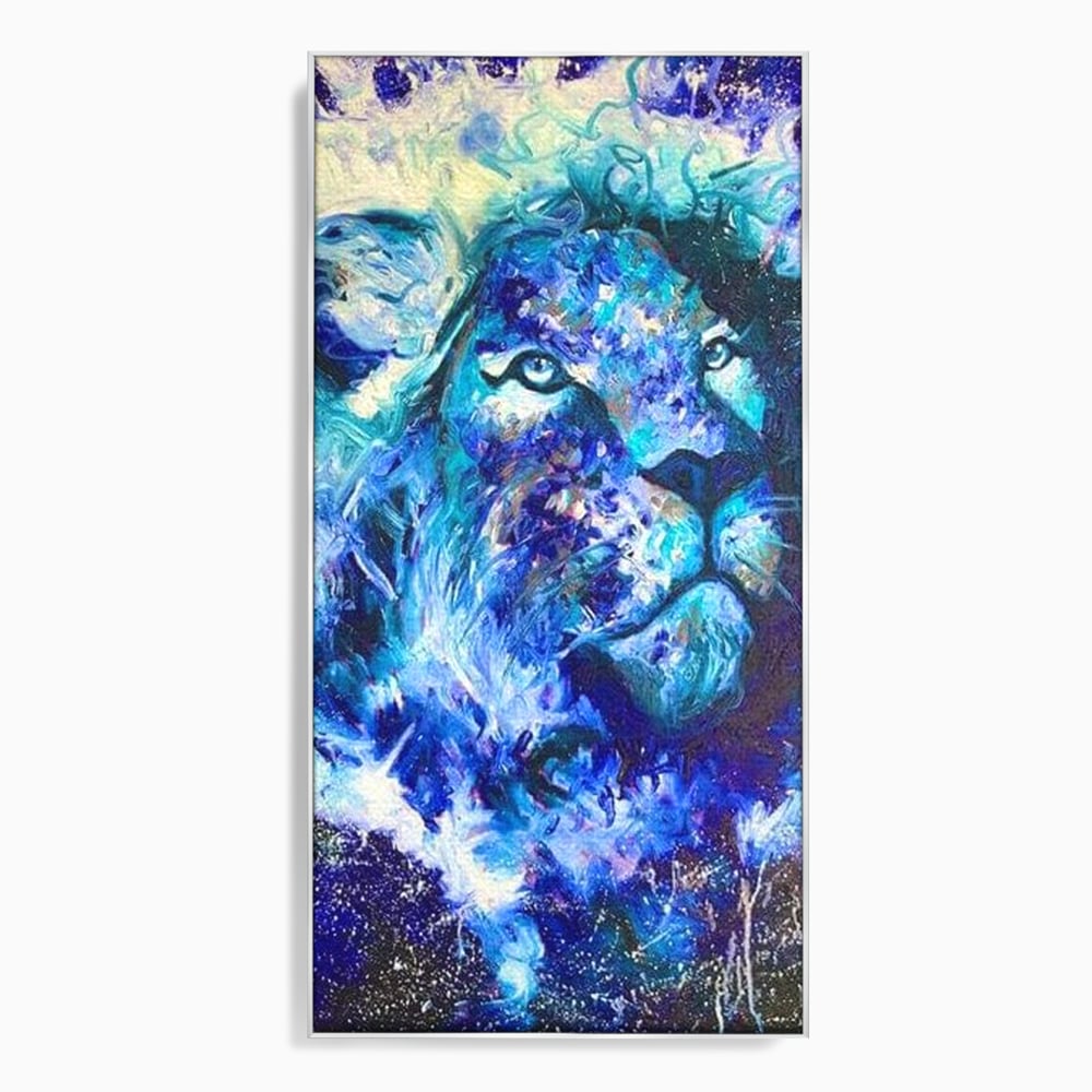 Tablou canvas cu tablou canvas cu leu albastru cosmic, in rama de aluminiu argintiu