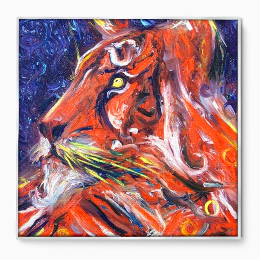Tablou canvas cu pictura abstracta cu profil de leu, in rama de aluminiu argintiu