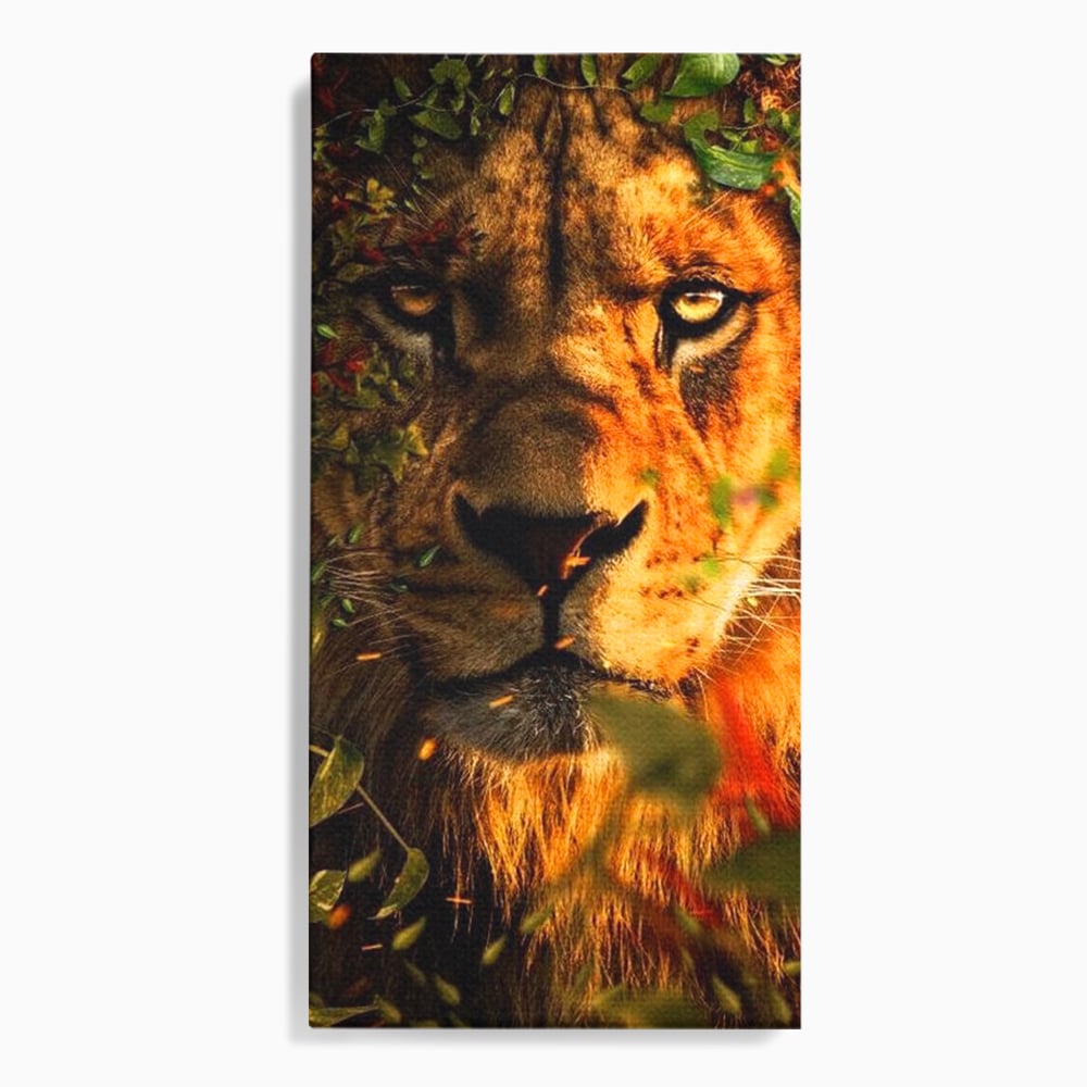 Tablou canvas cu tablou canvas cu leu mascat in frunzis, fara rama, pe sasiu de lemn