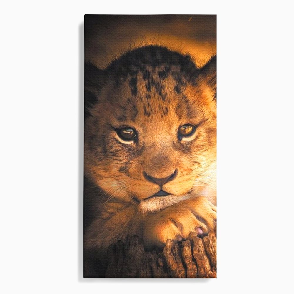 Tablou canvas cu tablou canvas cu portret de pui de leu, fara rama, pe sasiu de lemn