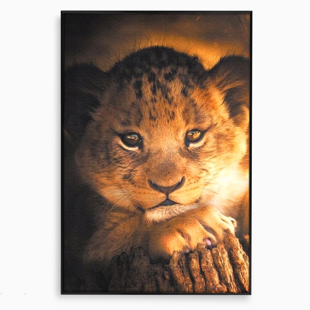 Tablou canvas cu tablou canvas cu portret de pui de leu, in rama de aluminiu negru