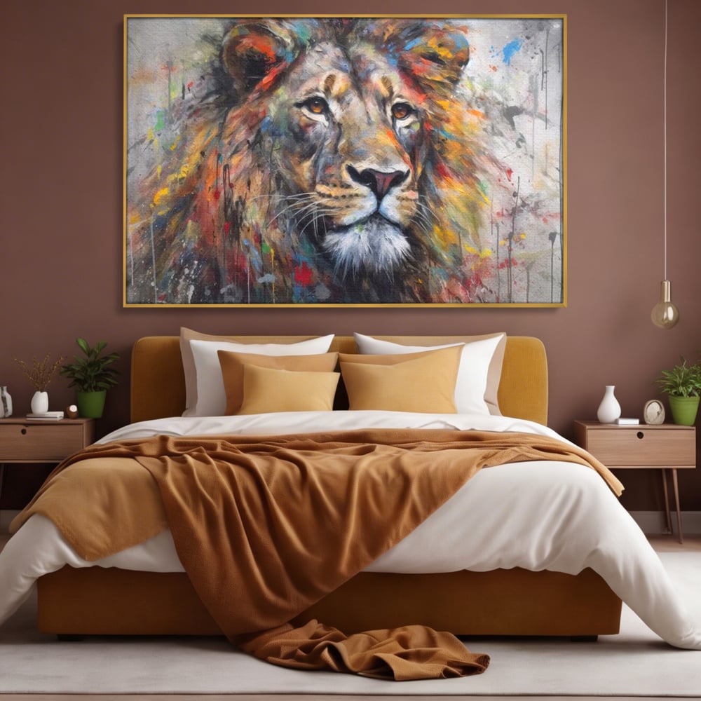 Tablou canvas cu tablou canvas cu leu colorat, in rama de aluminiu auriu, pe perete intr-un dormitor