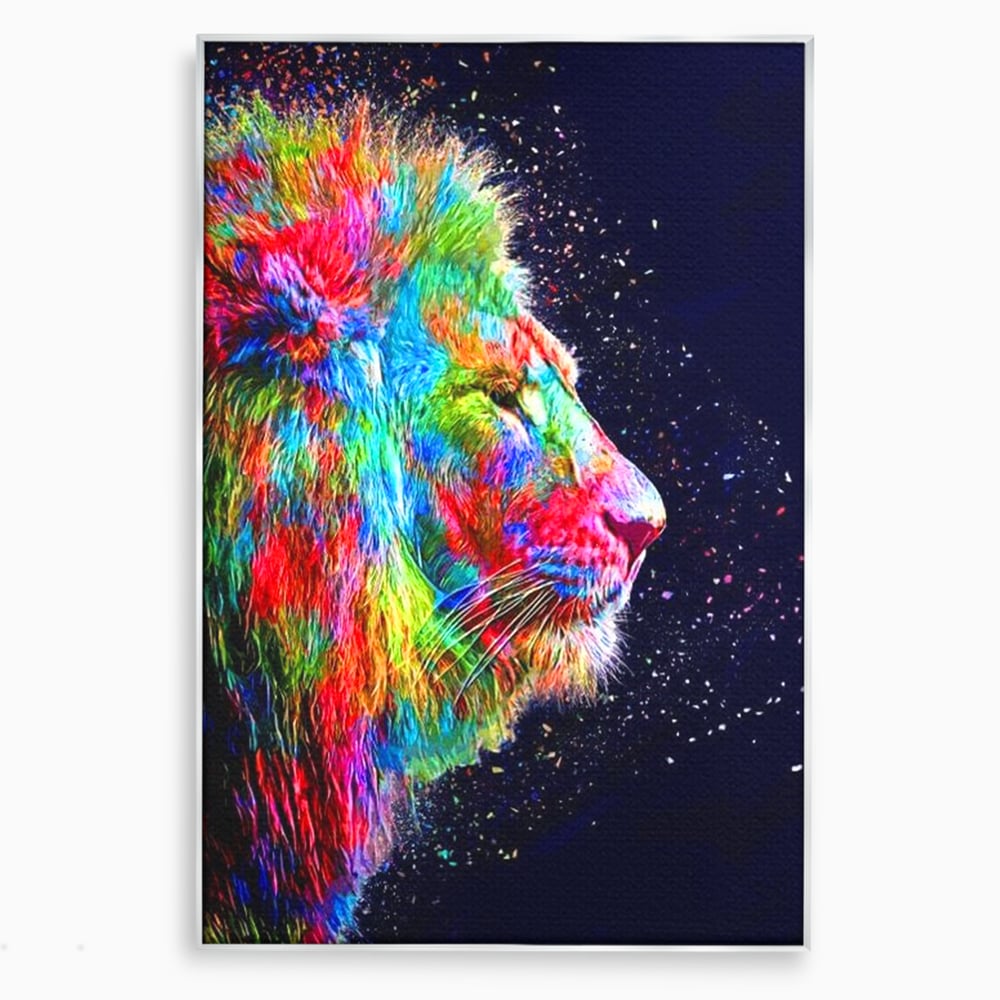 Tablou canvas cu tablou canvas cu profil de leu multicolor, in rama de aluminiu argintiu